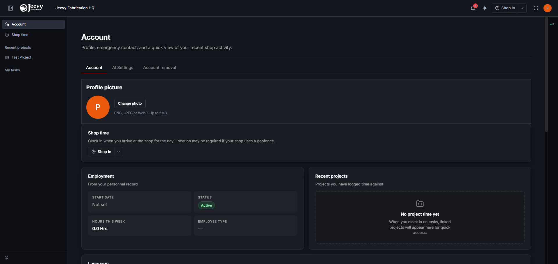 The Account screen with the profile card, notification switches and the language options