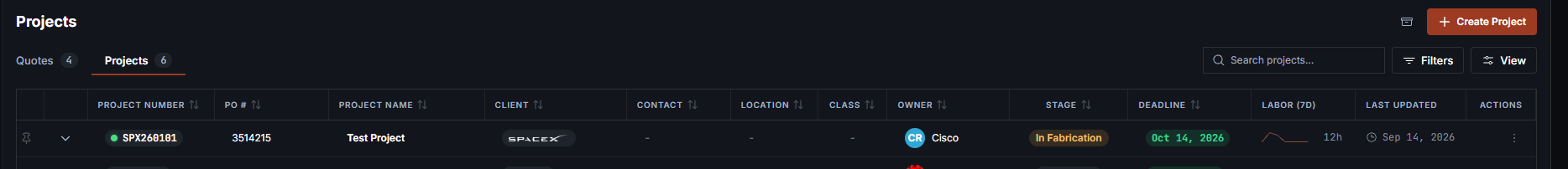 The dashboard with the Quotes and Projects tabs