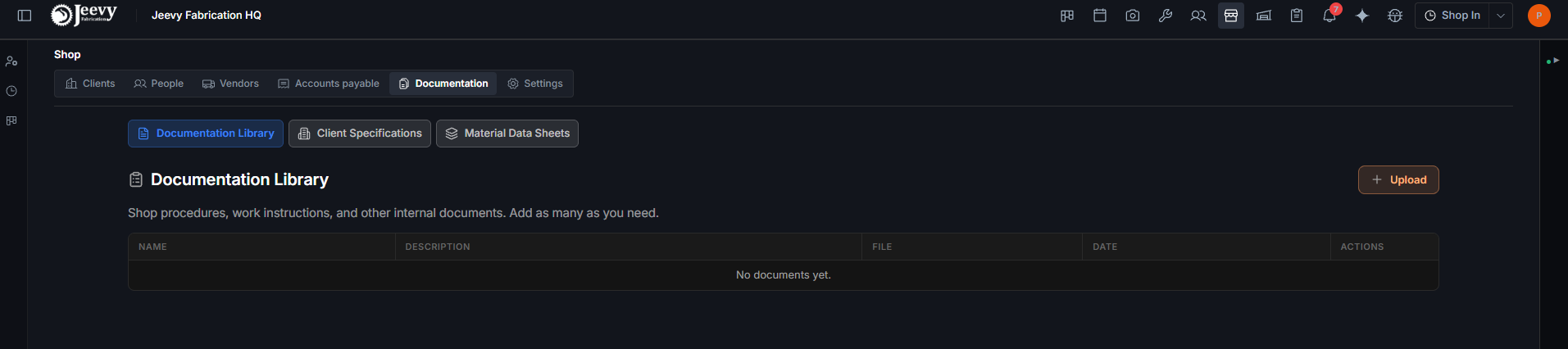 The Documentation tab with its four sections listed down the left