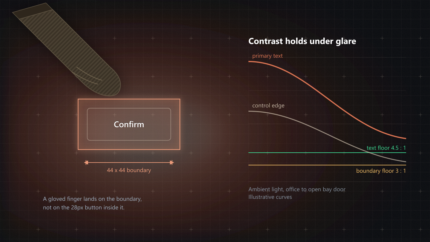 A gloved fingertip landing on the 44 by 44 boundary around a 28px button, beside illustrative contrast curves that stay above the 4.5 to 1 text floor and 3 to 1 boundary floor under glare.