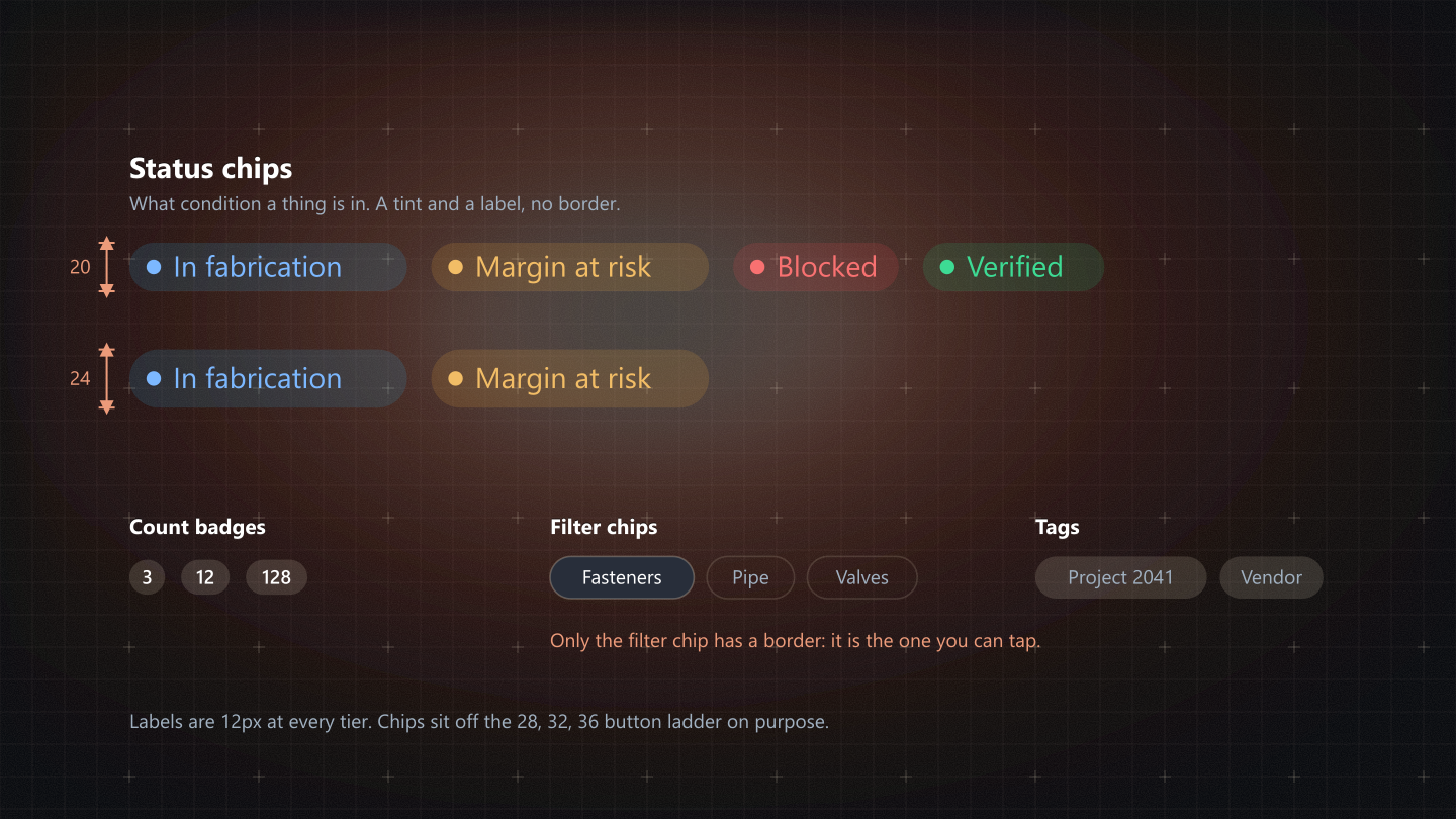 Status chips at 20 and 24px on 16% tints with no border, beside count badges, bordered filter chips and tags.